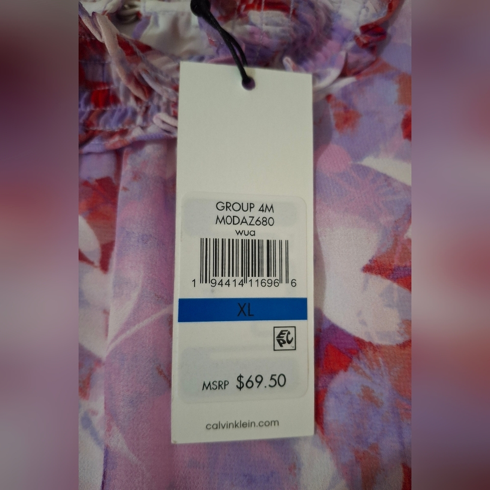 New Calvin Klein Purple Floral Sleeveless Lined Smocked Neck Top Size XL - Picture 5 of 10